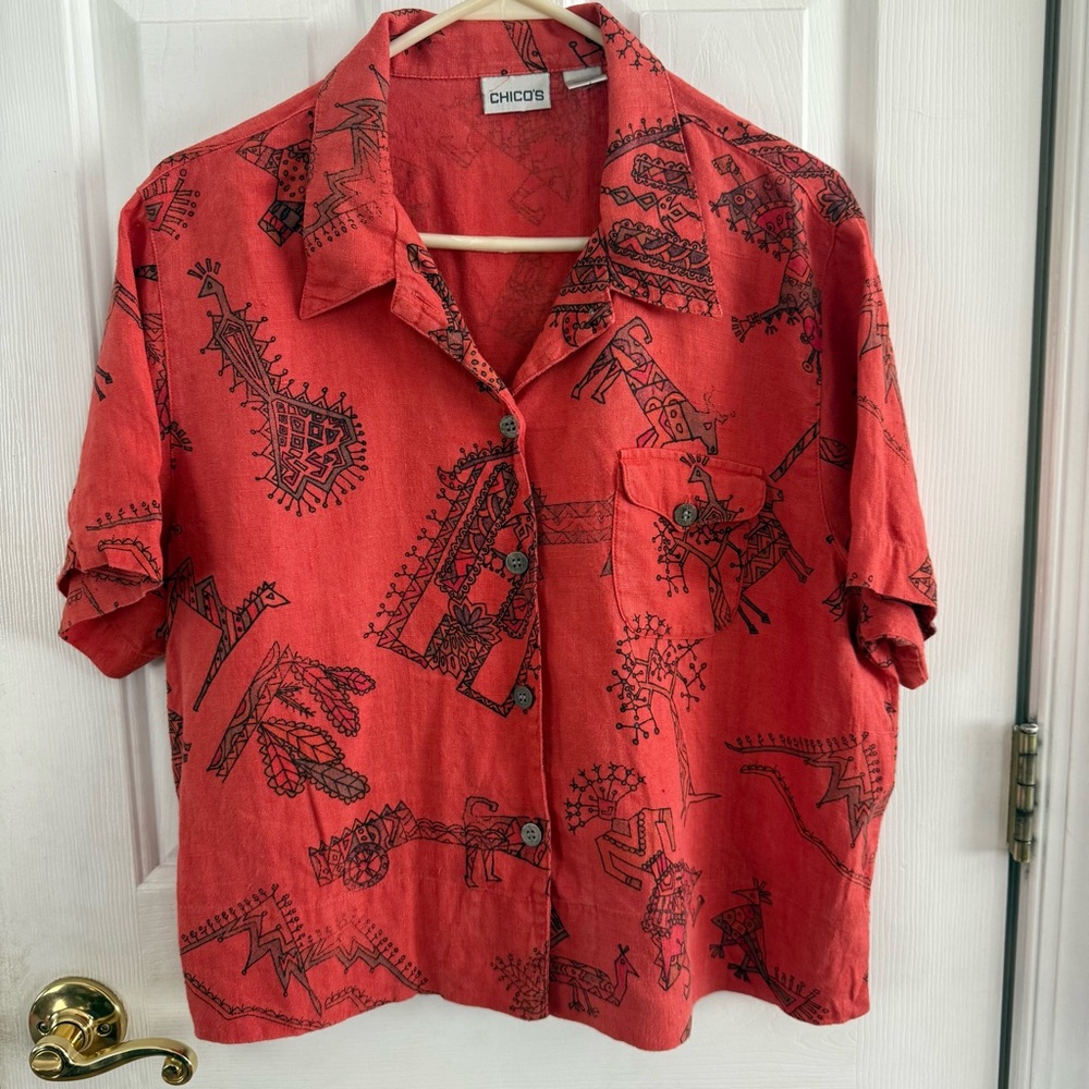 Chico's Vibrant Red Graphic Shirt 100% linen